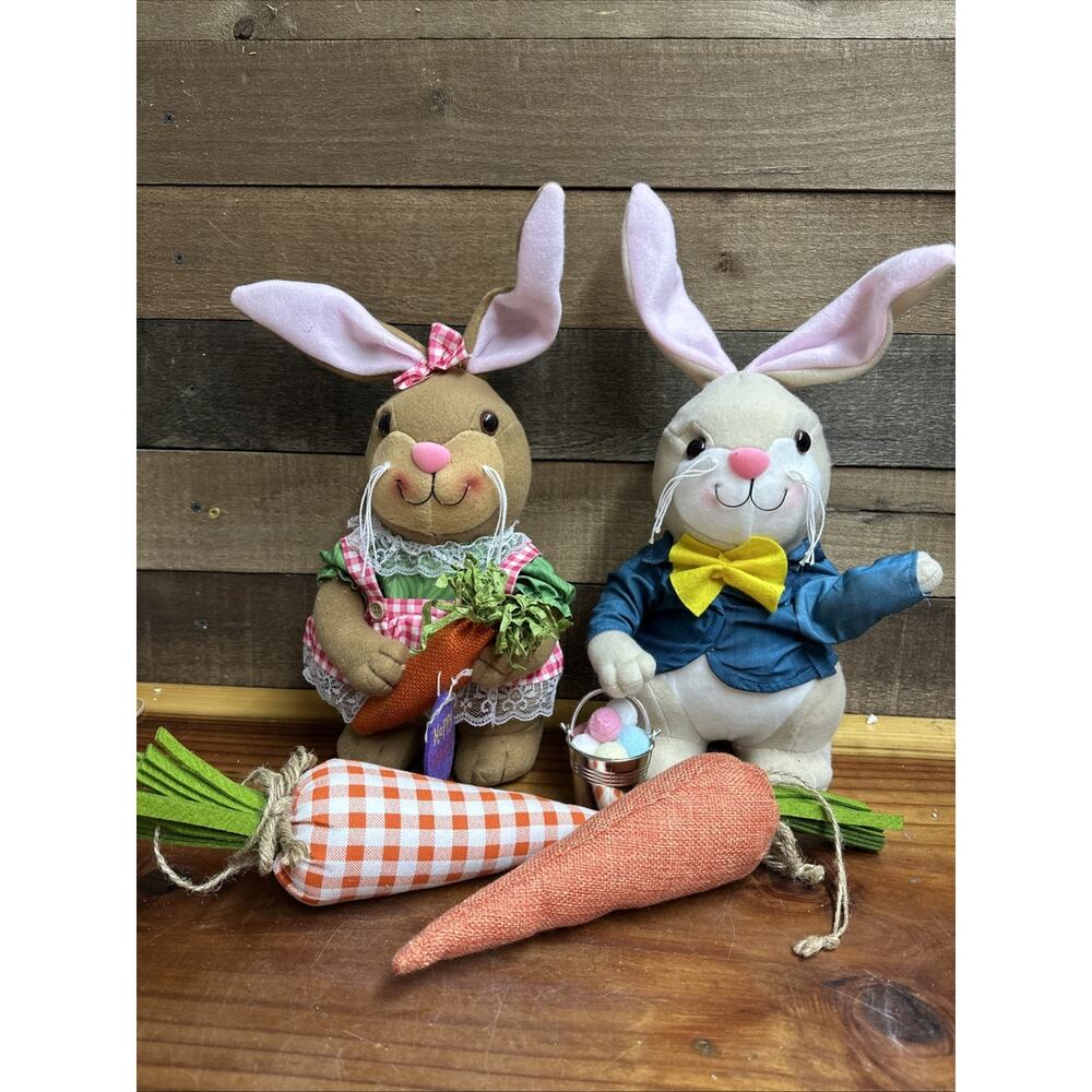 Vintage Felt Bunny Rabbit Couple With Carrots Spring Easter 13”